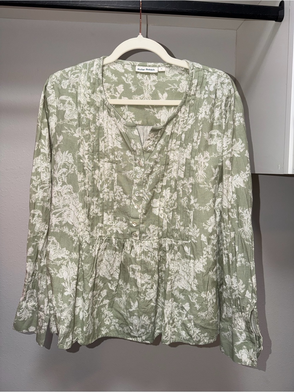 Roller Rabbit Sage Green Floral Pintuck Peplum Top